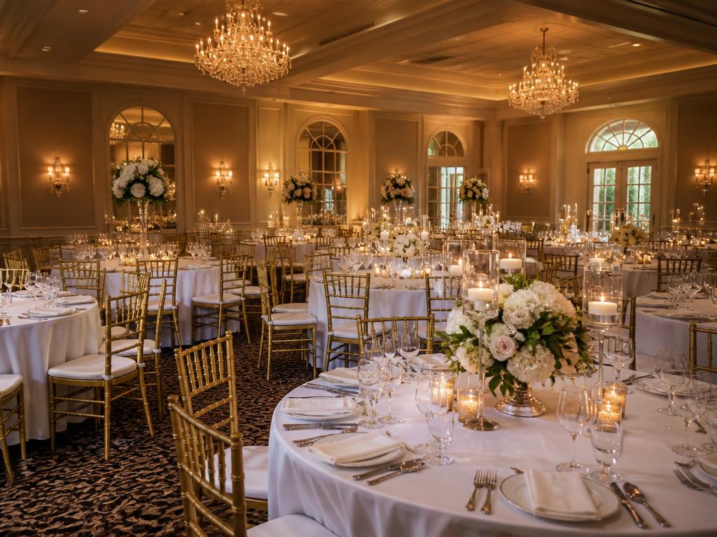 Elegant banquet hall set for an event