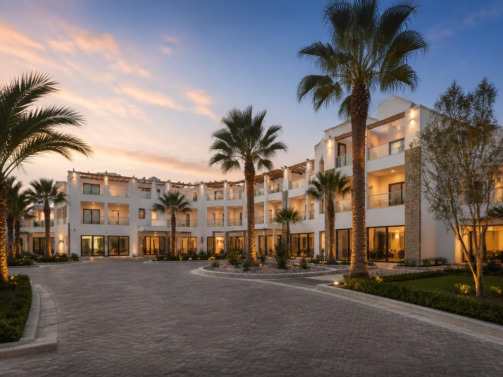 Modern hotel exterior lit at golden hour