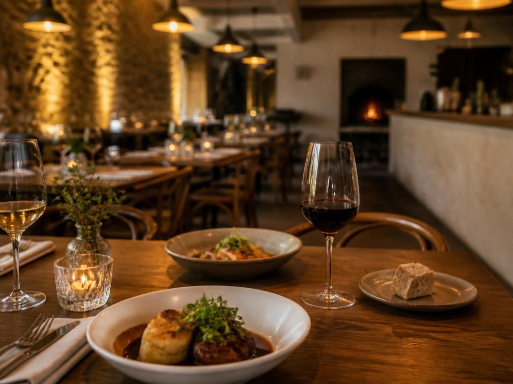 Warm restaurant interior with plated food
