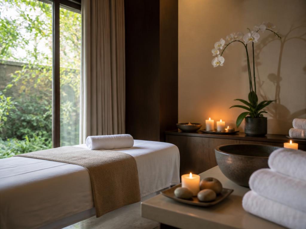 Calm spa treatment room with candles and towels